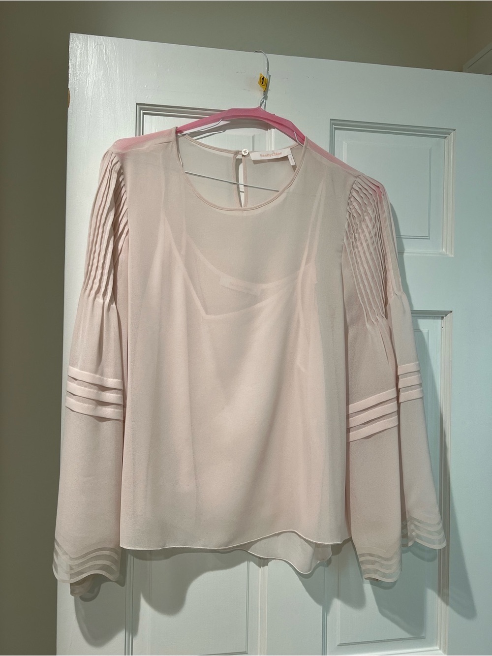 See By Chloe Blush Pink Pleated-Sleeve Chiffon Blouse size 12
